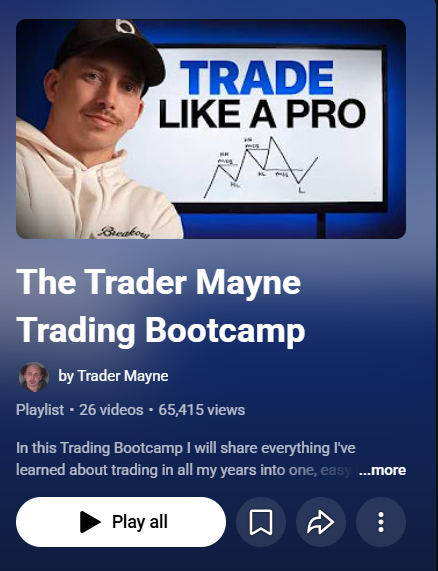 A screenshot of a YouTube video playlist titled 'The Trader Mayne Trading Bootcamp' by Trader Mayne, featuring 26 videos and 65,415 views, with a thumbnail showing a man in front of a 'TRADE LIKE A PRO' graph.