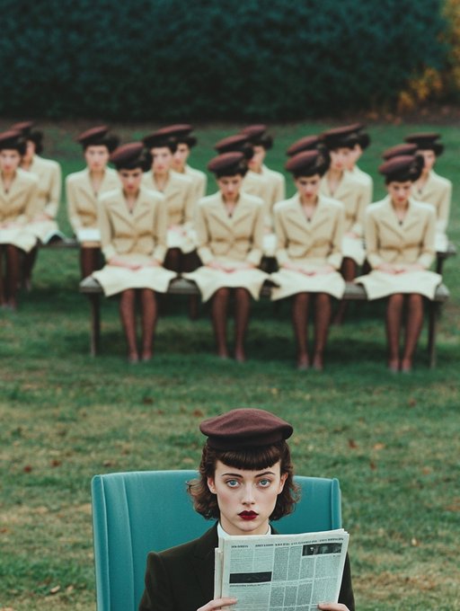 Surreal photo featuring a woman in a teal chair reading a newspaper in the foreground, with rows of uniformed women in beige outfits and burgundy berets sitting on benches behind her in a garden setting.