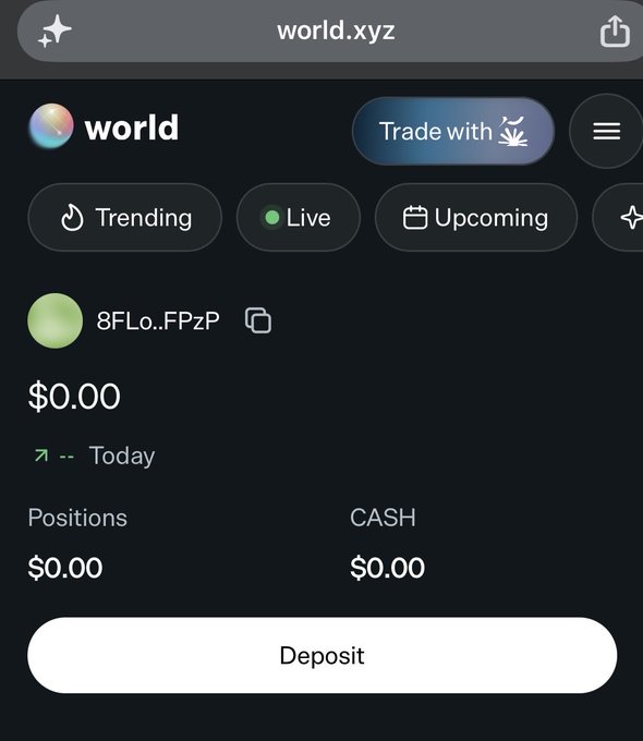 A mobile screenshot of the world.xyz prediction markets app showing a user account with $0.00 positions and cash, featuring Trending, Live, and Upcoming tabs.