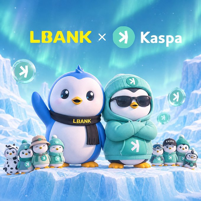 A promotional graphic featuring two cartoon penguins in winter attire surrounded by smaller penguin mascots on an icy landscape with aurora borealis, displaying "LBANK × Kaspa" branding and the Kaspa "K" logo, teasing an upcoming collaboration between LBank and the Kaspa ($KAS) cryptocurrency project.