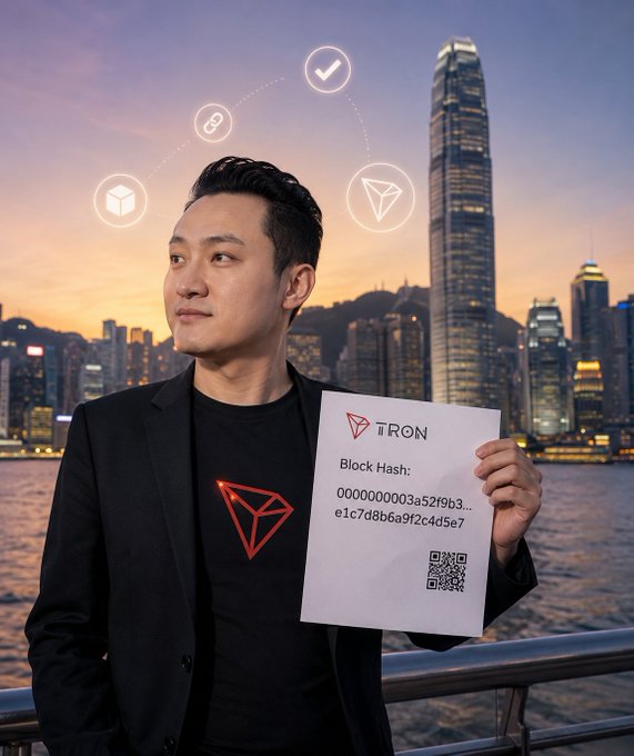 A man wearing a TRON-branded shirt holds a sign displaying the TRON logo, "Block Hash: 0000000003a52f9b3...e1c7d8b6a9f2c4d5e7," and a QR code, with a Hong Kong skyline backdrop featuring the International Finance Centre (Two IFC) tower. The image visually counters rumors of Justin Sun fleeing Hong Kong by proving his public appearance in the city during the specified timeframe, tying his verified presence to the blockchain timestamp on the sign.