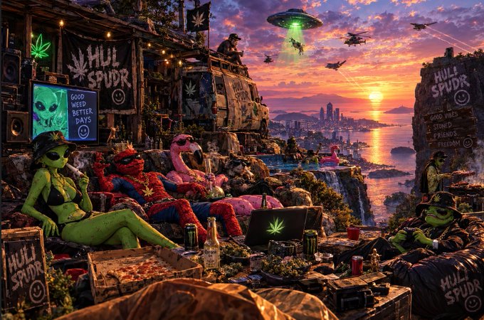 A vibrant, stylized illustration depicts aliens, a Spider-Man-like character, and a flamingo relaxing at a cliffside hangout with 'HULI SPUDZ' and 'GOOD WEED BETTER DAYS' signs, overlooking a sunset bay with a UFO and helicopters.