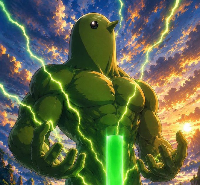 A vibrant anime-style illustration of a muscular, anthropomorphic green bird creature with glowing eyes, surrounded by green lightning and a dramatic sunset sky.
