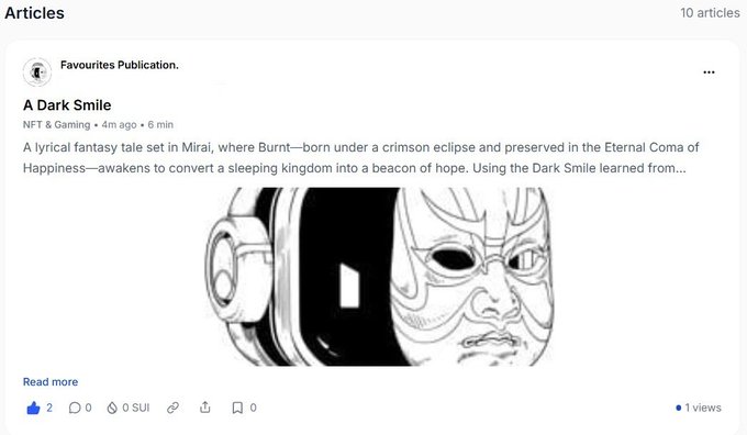 An article preview titled 'A Dark Smile' describes a lyrical fantasy tale set in Miraj, featuring an illustration of a masked figure.