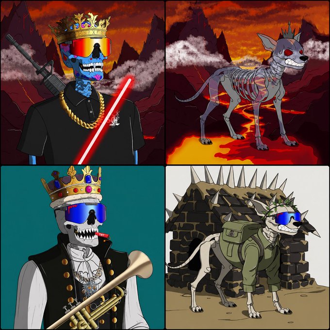 A four-panel cartoon illustration showing a skeleton king with sunglasses wielding a lightsaber or trumpet, alongside skeleton dogs wearing sunglasses and crowns in lava and desert settings.