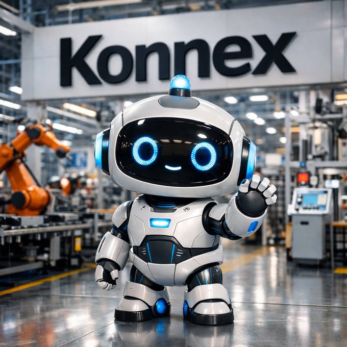 A friendly white and blue robot with glowing eyes standing in a factory setting with the "Konnex" logo prominently displayed in the background.
