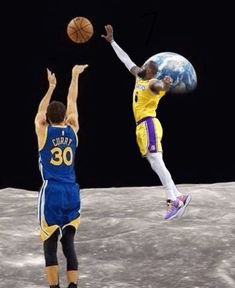 A digitally edited image showing Stephen Curry (#30) shooting a basketball on the moon's surface, while LeBron James (#6) in a Lakers jersey appears to block the shot in front of Earth.