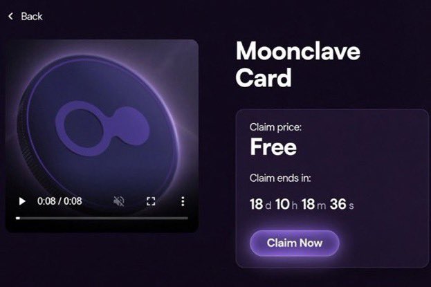 A digital claim interface showing a 'Moonclave Card' featuring a purple infinity symbol design, with text indicating 'Claim price: Free', a countdown timer 'Claim ends in: 18 d 10 h 18 m 36 s', and a 'Claim Now' button.