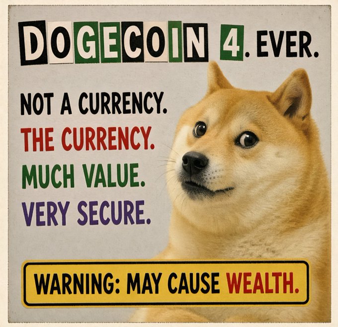 A humorous Dogecoin promotional graphic reading 'DOGECOIN 4. EVER. NOT A CURRENCY. THE CURRENCY. MUCH VALUE. VERY SECURE.' with a warning label 'WARNING: MAY CAUSE WEALTH.' alongside a Shiba Inu dog.