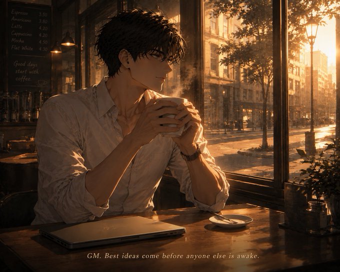 An anime-style illustration of a dark-haired young man in a white shirt holding a mug of coffee while sitting by a window in a sunlit cafe. The text reads "GM. Best ideas come before anyone else is awake."