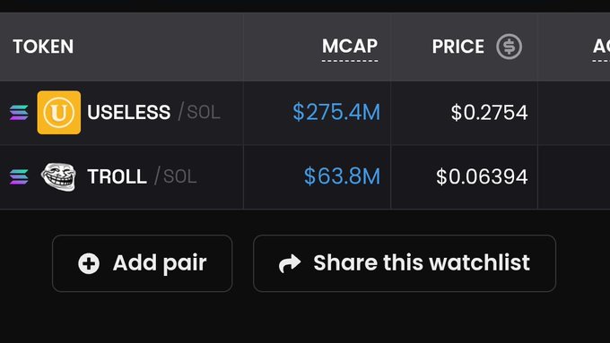 A watchlist showing USELESS/SOL token with $275.4M market cap at $0.2754 price, and TROLL/SOL with $63.8M market cap at $0.06394 price.