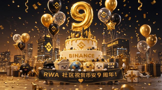 A celebratory Binance 9th anniversary image features a large gold '9' balloon above a tiered cake, surrounded by Binance-branded balloons, confetti, cartoon mascots, and a banner reading 'RWA 社区祝贺币安 9 周年!' against a city skyline.