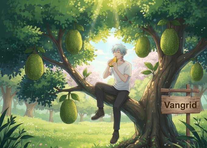 An anime-style illustration of a boy with light blue hair sitting on a tree branch eating a yellow fruit, with large green fruits hanging from the tree and a wooden sign reading 'Vangrid'.