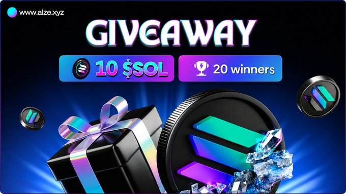 The image is a promotional graphic for a "10 $SOL GIVEAWAY" with 20 winners, featuring a Solana-branded gift box and coins against a blue background. It visually reinforces the post's call-to-action for Soneium users to enter by filling out a form and replying with their Solana wallet address for a chance to win 0.5 $SOL each.