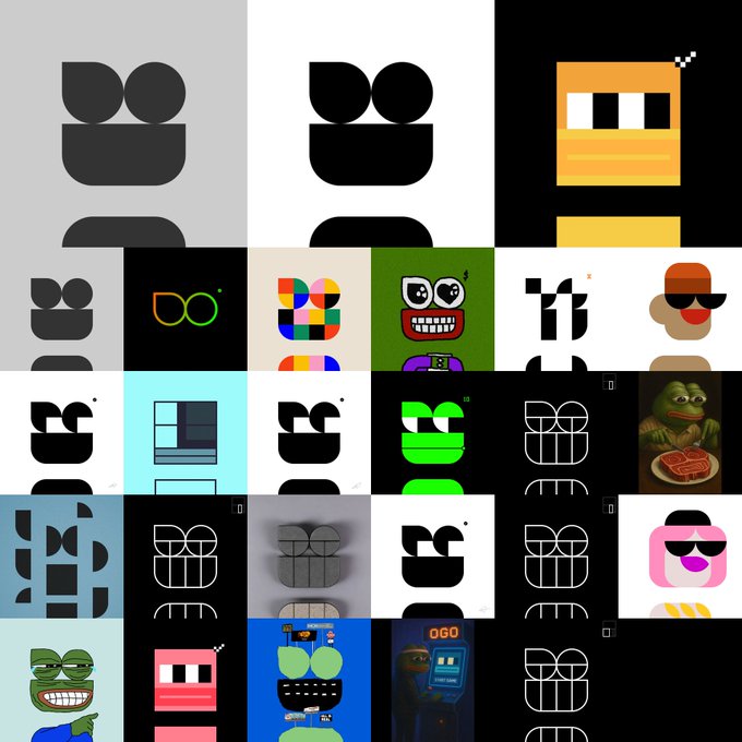 A collage of various cartoonish character faces featuring prominent eyes, teeth, and bold geometric designs in bright colors.