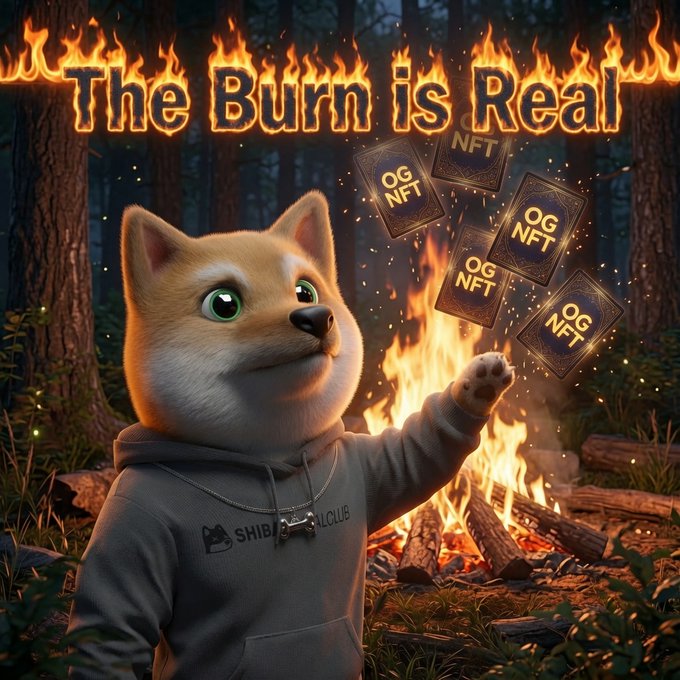 A cartoon Shiba Inu dog wearing a 'SHIB CLUB' hoodie stands in a forest with a campfire, with 'The Burn is Real' text in flames at the top and 'OG NFT' cards flying through the air.