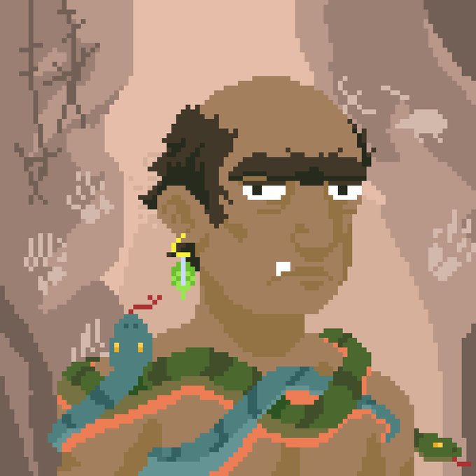 A pixel art portrait of a person with a snake draped around their shoulders, set against a muted brown background with hanging vines.