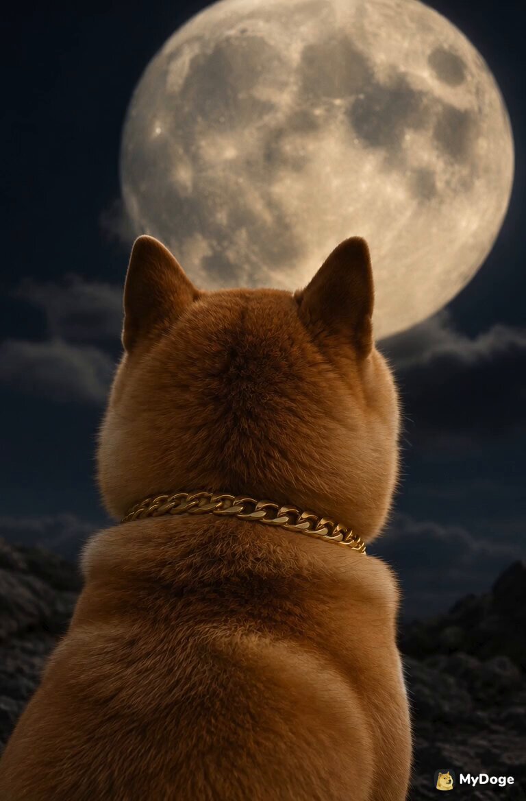 The image features a brown dog sitting under a full moon, looking up at it with an air of curiosity or wonder. The caption below the photo reads "MyDOG" which suggests that this might be a photograph taken by someone named MyDog.