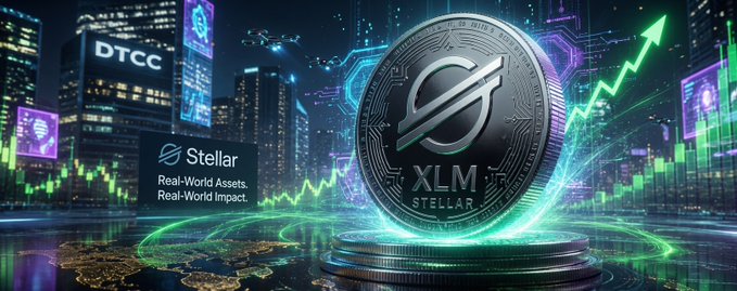 A glowing Stellar (XLM) cryptocurrency coin is displayed against a city skyline backdrop featuring the "DTCC" logo and the tagline "Stellar: Real-World Assets. Real-World Impact.", visually emphasizing the token's growing institutional adoption highlighted in the accompanying article.