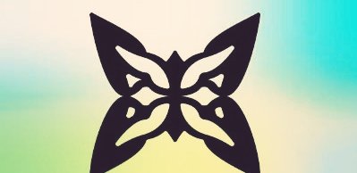 The image features an abstract butterfly design, which is black and white. The butterfly has four wings spread out, giving it a striking appearance against the background. The butterfly is positioned centrally within the frame of the image.