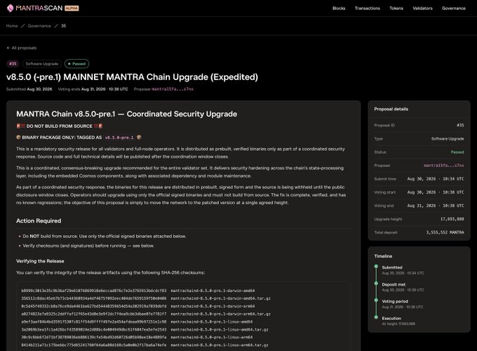 The image shows the MANTRA Scan governance page displaying the "v8.5.0 (-pre.1) MAINNET MANTRA Chain Upgrade (Expedited)" proposal (#35), which has passed with 3,555,552 MANTRA in support and a timeline including deposit, voting period, and execution milestones. This relates directly to the accompanying post by highlighting MANTRA Scan as the new platform for accessing governance proposals and chain upgrade information for the community.