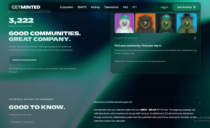 A screenshot of the GETMINTED website details an airdrop event with 3,222 whitelist allocations, featuring four 'All-In-Five: Not the Reveal' NFT images.