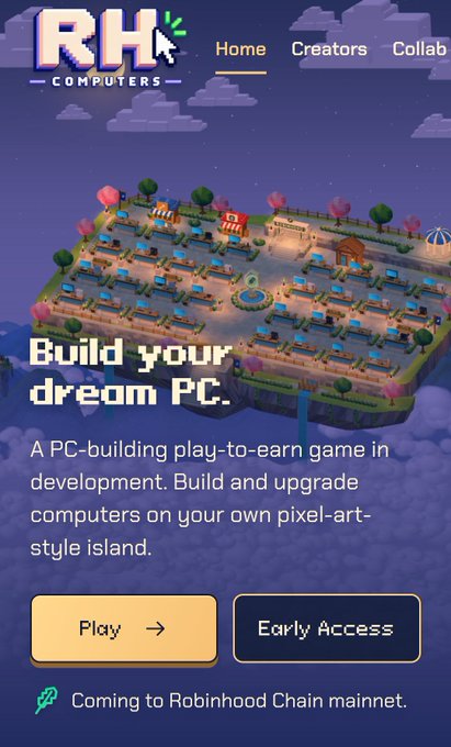 Mobile site screenshot for 'RH COMPUTERS' advertising 'Build your dream PC' with Play and Early Access buttons, noting 'Coming to Robinhood Chain mainnet.'