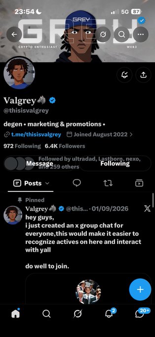 A screenshot of a Twitter profile for Valgrey (@thisisvalgrey) showing a pinned post dated 01/09/2026 about creating a group chat to recognize actives.