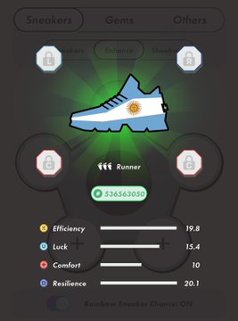 The image shows a sneaker NFT from the game STEPN, displaying stats for a "Runner" sneaker with an efficiency of 19.8, luck of 15.4, comfort of 10, and resilience of 20.1, along with a value of 336363050. It ties to the post about last-minute enhancements and adding two Argentine sneakers, highlighting a valuable Runner-class sneaker with strong overall stats in the STEPN move-to-earn ecosystem.
