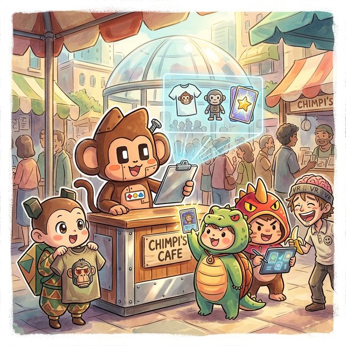 A colorful cartoon illustration depicts a bustling 'CHIMPI CAFE' where an animated monkey mascot sells merchandise to costumed characters and people wearing VR headsets in a lively street market.