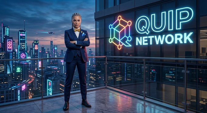 A stylized illustration of a person in a dark suit standing on a futuristic balcony overlooking a neon-lit cyberpunk cityscape, with a large glowing "QUIP NETWORK" sign and logo displayed on the glass building behind them.