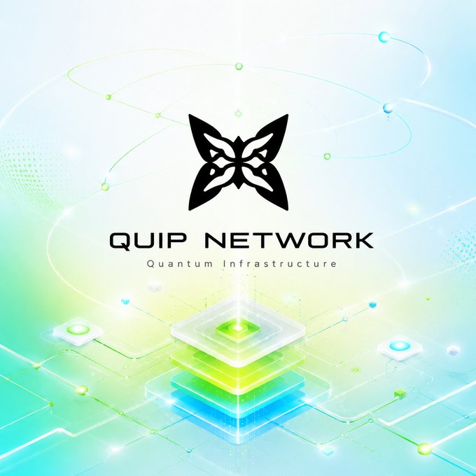 A sleek promotional graphic for "QUIP NETWORK – Quantum Infrastructure" features a geometric butterfly-like logo centered above stacked translucent cubes, set against a futuristic green and blue digital network background with glowing orbital lines and data nodes. The image visually reinforces the post's discussion of Quip v0.3's technical improvements, symbolizing the advanced, interconnected quantum infrastructure underlying the project's optimized mining capabilities.
