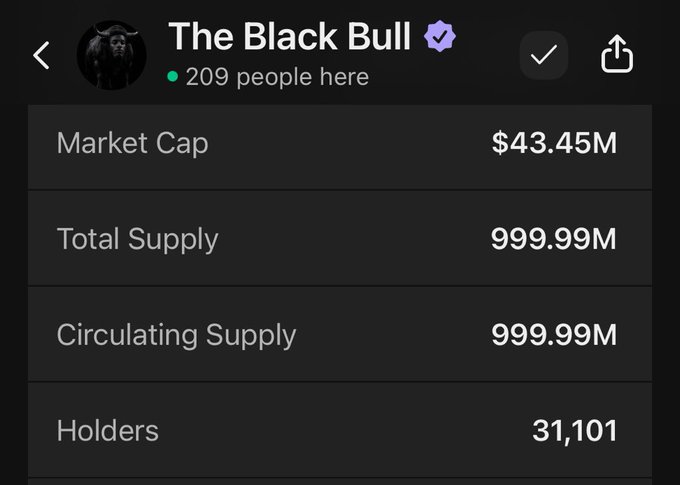 A screenshot showing token statistics for 'The Black Bull' with a $43.45M market cap, 999.99M total and circulating supply, and 31,101 holders.