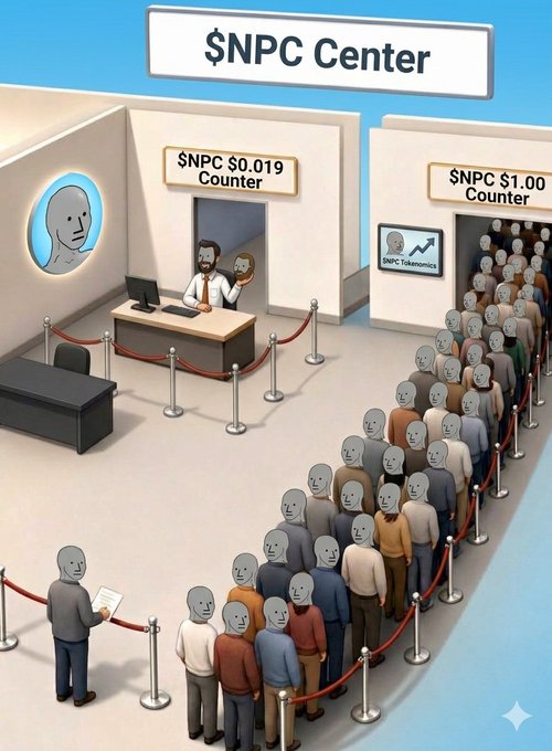 The image depicts a crowded "$NPC Center" with two counters offering drastically different rates—"$NPC $0.019 Counter" where a lone clerk waits with no customers, and "$NPC $1.00 Counter" with a massive line of faceless people stretching out the door—satirizing how investors flock to tokens with perceived high price points while ignoring cheaper alternatives.