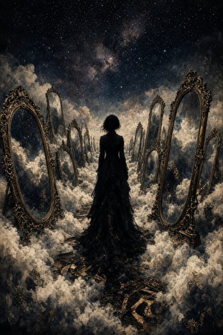 A dark, surreal scene depicts a silhouetted figure in a flowing black gown standing on a path through clouds, flanked by rows of ornate, empty gold mirrors under a starry night sky.