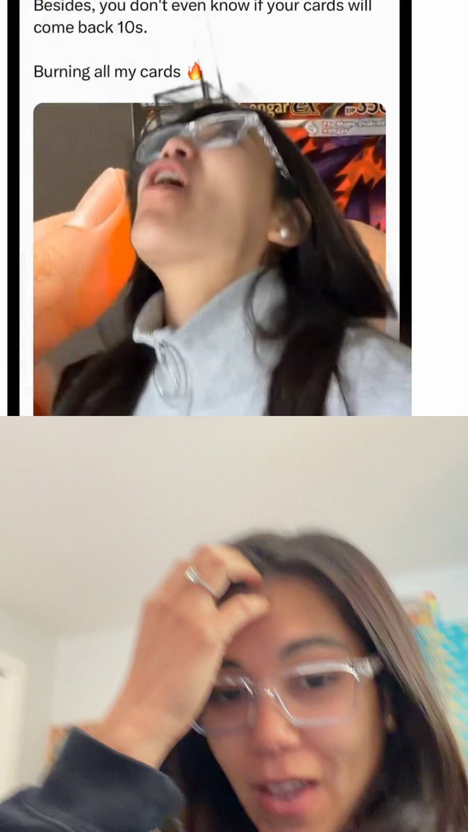 The image shows a woman with long hair wearing glasses, who appears to be upset or angry about something that has happened. She is holding her head up high while looking at someone else's phone screen. The person on the other side of the screen seems to be showing her a picture of herself in a compromising situation, possibly related to a game like Pokémon Go.