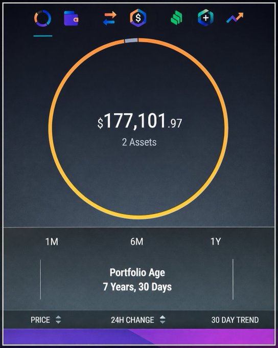 A cryptocurrency portfolio tracker app displaying a value of $177,101.97 across 2 assets, with a portfolio age of 7 years and 30 days and 1M/6M/1Y chart tabs.