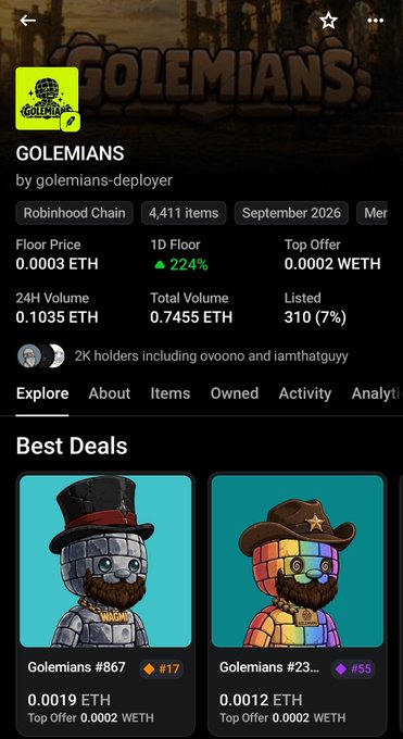 The image shows a collection page on OpenSea for "GOLEMIANS" with a floor price of 0.0003 ETH, 4,411 items, and 2K holders including ovoono and iamthatguy, displaying "Best Deals" like Golemians #867 at 0.0019 ETH. This aligns with the post's message about the Golemians NFT project, where the creator is updating the community while waiting on OpenSea metadata fixes and preparing a giveaway.