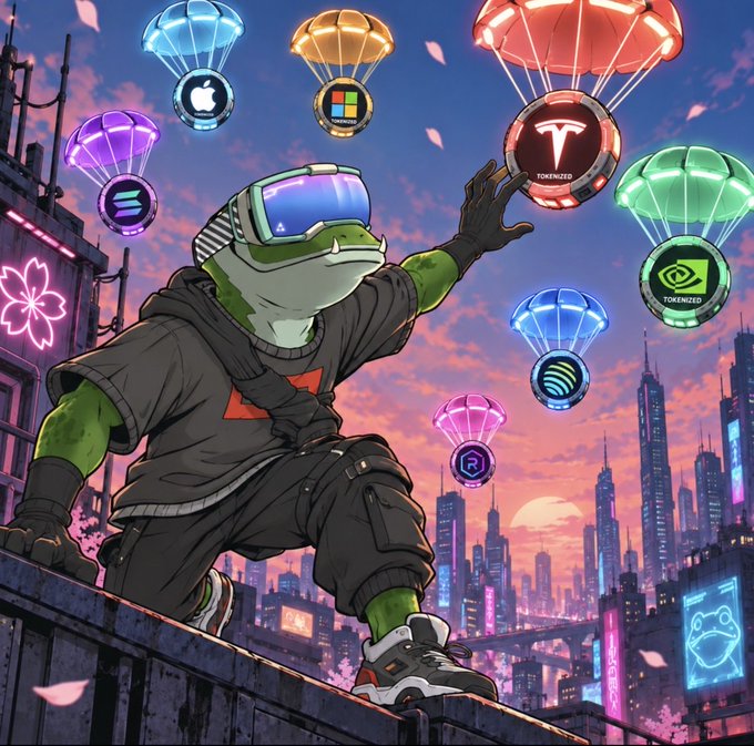 A cyberpunk frog character in a VR headset and tactical gear leaps dynamically across a neon-lit cityscape, reaching out to grab floating parachute-borne coins featuring logos of major tech and crypto companies including Apple, Microsoft, Tesla, Solana, and "TOKENIZED" branding. The image visually reinforces the post's teaser about shaking things up with a tokenization project, suggesting an ambitious disruption across major tech and crypto ecosystems.