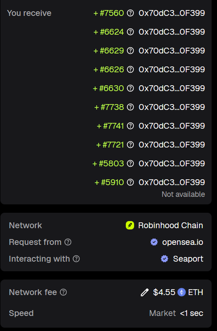 Cryptocurrency transaction confirmation screen showing token IDs (#7560, #6624, etc.) all from contract 0x70dC3...0F399, on Robinhood Chain network, requested from opensea.io and interacting with Seaport, with a network fee of $4.55 ETH.