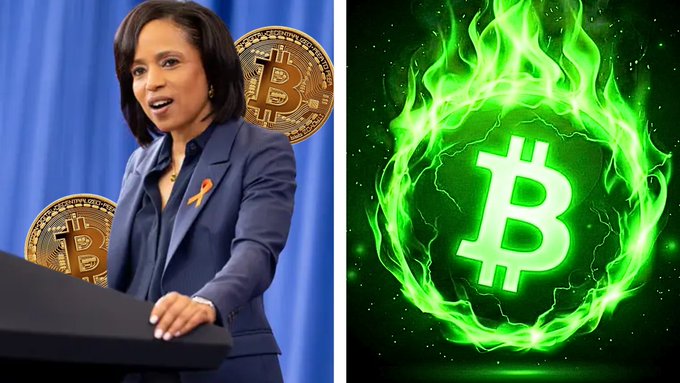A split image featuring a politician speaking at a podium with Bitcoin logos behind her on the left, and a flaming green Bitcoin symbol on the right.