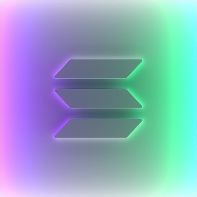A Solana logo featuring three stacked parallelogram shapes with a glowing gradient of pink, purple, green, and cyan against a blurred background.