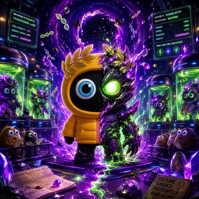 A cute yellow-hooded Sleepagotchi NFT character undergoes a "Mutation in Progress" into a Legendary, alien-like creature with glowing green eyes, surrounded by DNA helixes and display screens showing stats like Power +888 and Speed +777, while concerned observers watch from a futuristic laboratory setting—fitting the post's playful "Good Night" send-off from a Sleepagotchi coach.