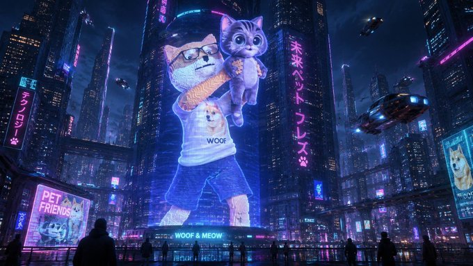 The image features a large billboard with a cartoon cat holding a dog, surrounded by neon lights that create an urban cityscape atmosphere. The text on the billboard reads "The best thing about the future? Nobody knows exactly what it looks like. New narratives, new communities, new opportunities." and "@BobaCatOfficial is here for the ride, and the next chapter is just getting started Get $BOBA in NOW Wallet: walletnow.app.link/Xdownload". The image also includes a photo of people walking on a street with neon lights illuminating their path.