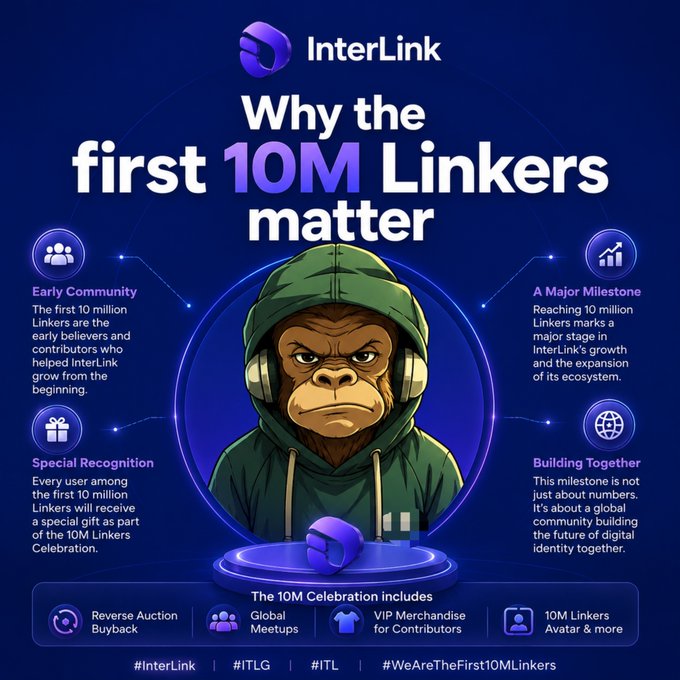 InterLink promotional infographic titled 'Why the first 10M Linkers matter' featuring a hooded gorilla character, highlighting benefits like Early Community, A Major Milestone, Special Recognition, and Building Together for the 10M Celebration.