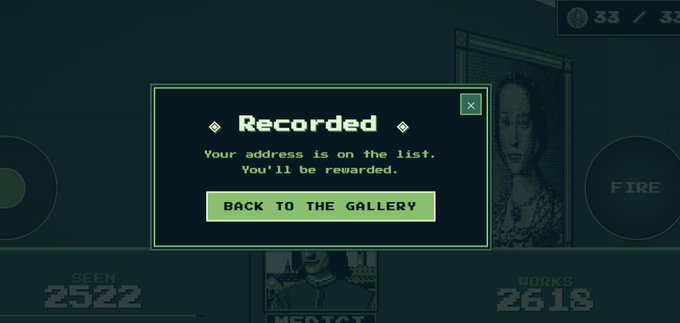 A video game screen displays a "Recorded" pop-up message reading "Your address is on the list. You'll be rewarded," with a "BACK TO THE GALLERY" button, alongside stats showing 2522 SEEN, 2618 WORKS, and 33/32 currency, reflecting the user's completion of the game after 5 hours of gameplay.