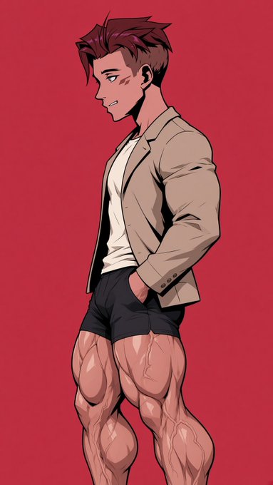 An anime-style illustration of a man with reddish-brown hair wearing a beige blazer, white t-shirt, and shorts, with exaggeratedly muscular legs on a red background.