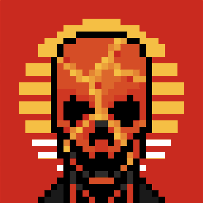Pixel art portrait of a fiery red and orange character with black eyes and yellow energy radiating outward, set against a solid red background.