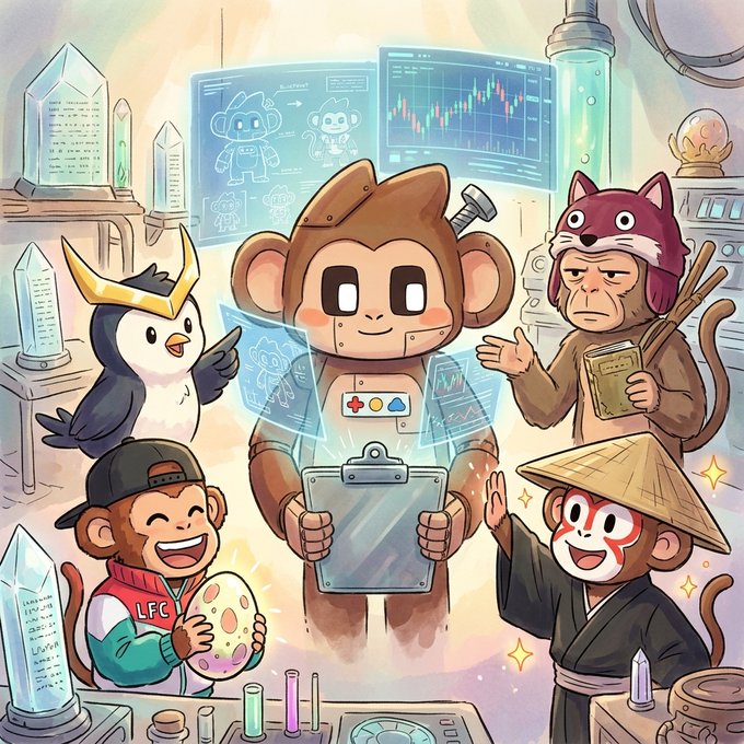 A colorful anime-style illustration featuring various monkey NFT characters, including one in an LFC jacket and another as a wizard, gathered around a monkey holding a clipboard with trading charts displayed above.