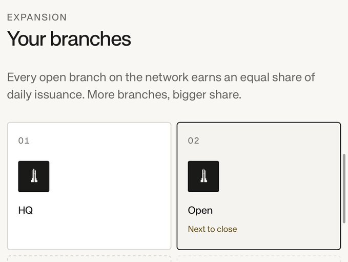 A mobile app interface titled 'EXPANSION: Your branches', explaining that every open branch earns an equal share of daily issuance, showing two cards labeled 'HQ' and 'Open'.